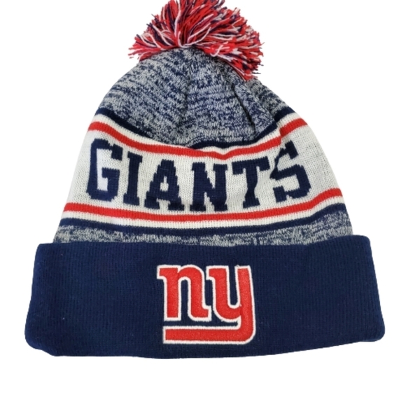 New York Giants Beanie One Size Blue Red NFL Football Embroidered Pom Pom Knit - Picture 1 of 5